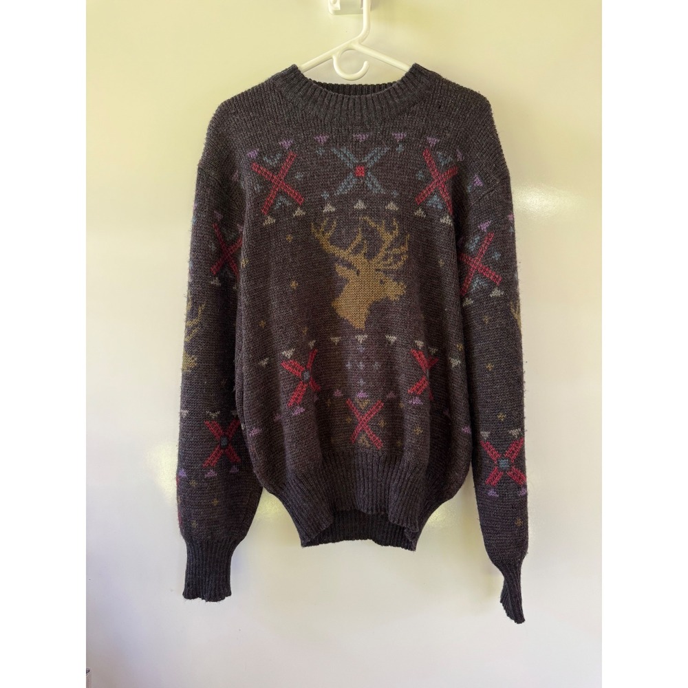 Vintage Boston Traders Wool Deer Sweater Mens Large Distressed Fair Isle‎ FLAWED